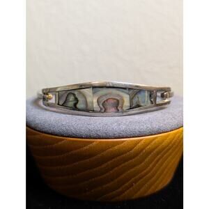 Vintage Taxco 925 Sterling Silver Abalone Inlay Hinged Bangle Bracelet